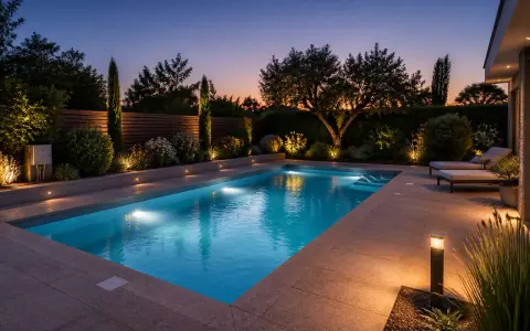 Belle piscine illuminée au crépuscule. Le disjoncteur de l'éclairage piscine est visible sur la gauche, discret mais essentiel.