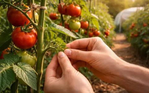 Hände zupfen junge Triebe ab, um das Wachstum der reifen Tomaten zu fördern.
