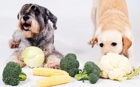 Dwa psy, sznaucer i labrador, badają warzywa. Czy pies może jeść kalafior? Labrador wącha kalafior, obok brokuły i kukurydza.