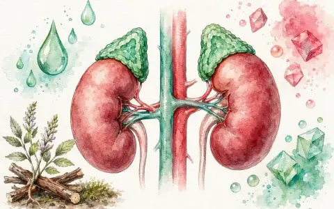 Reni con ghiandole surrenali, gocce, cristalli e radici di liquirizia, suggerendo un equilibrio ormonale, forse legato al cortisolo basso.