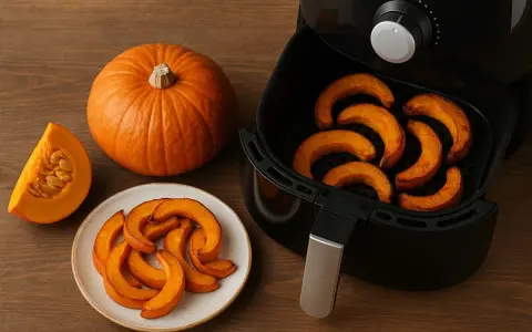 Zucca in friggitrice ad aria: fette arrostite e una intera su un tavolo di legno.