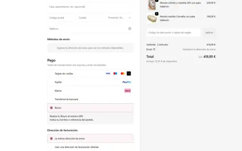 Proceso de pago en una plataforma de pago online. Se muestran opciones como tarjeta de crédito, PayPal, Klarna, transferencia bancaria y Bizum.