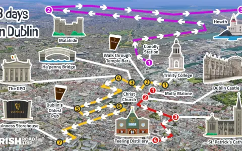 A visual guide for a 3-day Dublin Ireland itinerary, highlighting key landmarks like Trinity College, Dublin Castle, and Howth, with numbered routes.