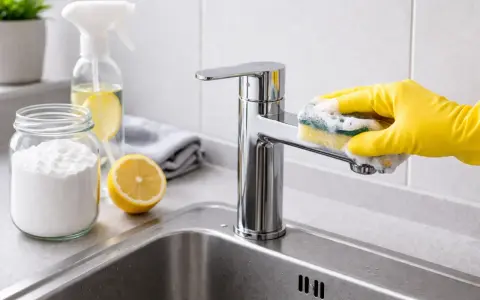 Rękawiczka w żółtej rękawiczce czyści kran gąbką, pokazując, jak wyczyścić sitko w kranie naturalnymi środkami: sodą i cytryną.
