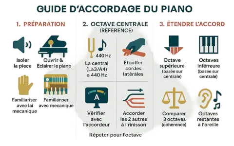 Guide pour accorder un piano : préparation, accord de l'octave centrale (La3/A4 à 440 Hz), puis extension de l'accord aux octaves supérieures et inférieures.