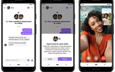 Ekran telefonu z aplikacją randkową. Widzimy dopasowanie użytkowników, czat tekstowy i propozycję rozmowy wideo.