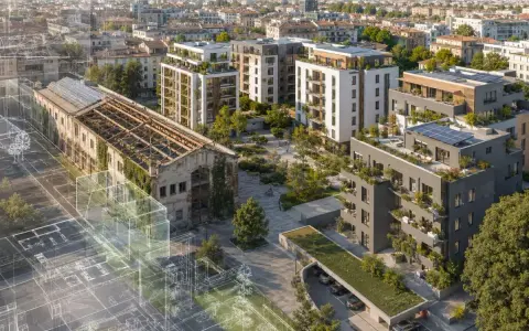 Un vecchio edificio industriale si trasforma in un nuovo piano casa con appartamenti moderni, giardini pensili e pannelli solari.