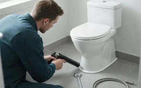 En rörmokare tätar runt en ny toalett med en fogpistol. Verktyg som en skiftnyckel och en slang ligger redo.