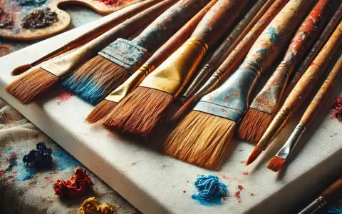 Ensemble de pinceaux à huile en bois, prêts pour le nettoyage. Des touches de couleur bleue et rouge subsistent sur les poils.