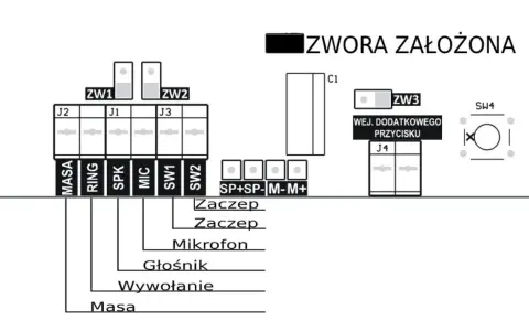 Schemat połączeń domofonu z opisem zacisków: MASA, RING, SPK, MIC, SW1, SW2, SP+SP-M-M+.
