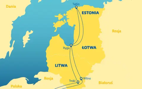 Mapa pokazuje trasy między Tallinem, Rygą i Wilnem. Gdzie jest Ryga? Na mapie widać ją w Łotwie, na trasie do Litwy.