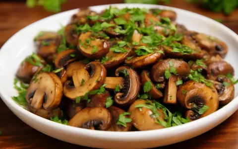 Champignons de Paris sautés, parfaits pour une recette facile et savoureuse. Garnis de persil frais.