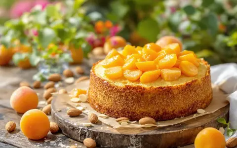 Un délicieux moelleux aux abricots, garni de fruits frais et d'amandes, sur une planche en bois, avec des abricots et des fleurs en arrière-plan.