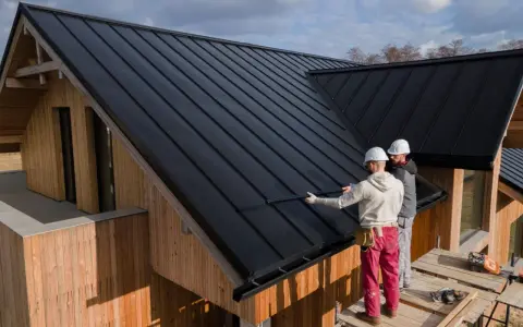 Zwei Handwerker sanieren ein Dach mit schwarzer Trapezblechdeckung. Das Holzhaus erhält ein modernes Aussehen.