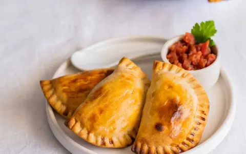 Tres empanadillas al horno doradas y crujientes, servidas en un plato blanco con un pequeño cuenco de salsa de tomate y una hoja de perejil.