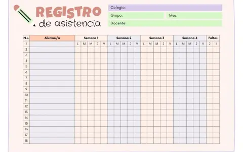Plantilla para pasar lista infantil, lista de asistencia imprimible para colegios, con casillas para registrar la asistencia semanal de los alumnos.