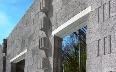 Wzmocnienie nadproża kątownikami w budowie z bloczków betonowych. Widok na fragment ściany z otwartym przejściem.