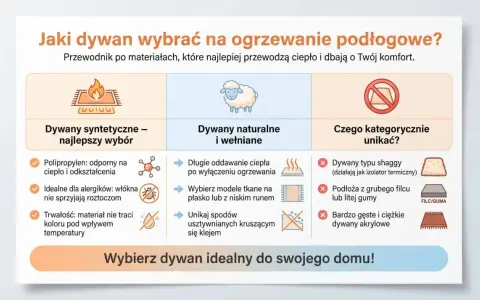 Wykładzina na ogrzewanie podłogowe: syntetyczne są najlepszym wyborem, naturalne i wełniane oddają ciepło, unikaj shaggy i grubych filców.