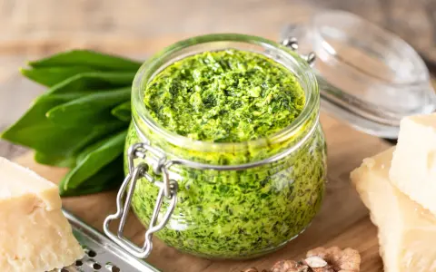 Pesto d'ail des ours dans un bocal, avec des feuilles fraîches, du parmesan et des noix. Une recette maison facile à réaliser.