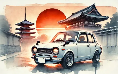 Urocze, białe auto z Japonii na tle zachodzącego słońca i tradycyjnych pagód.