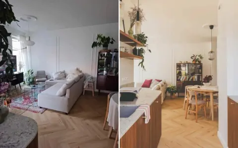 Jasne, oto propozycja:

Nowoczesna fotografia wnętrz: przytulny salon z kanapą, stolikiem kawowym i dywanem, obok jadalnia z drewnianym stołem i krzesłami.