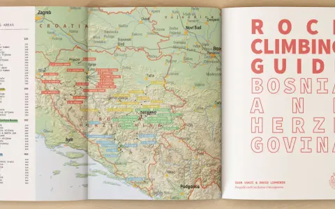 Bośnia i Hercegowina przewodnik: mapa z zaznaczonymi terenami wspinaczkowymi i spisami miejsc.