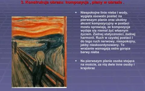 Obraz "Krzyk" Muncha. Niespokojna kompozycja z wygiętą postacią na pierwszym planie, ukośnym mostem i burzliwym niebem.