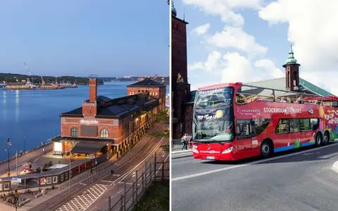Två vyer av Stockholm: en vid vattnet med en tegelbyggnad och en annan med en röd sightseeingbuss som kör förbi Stadshuset.