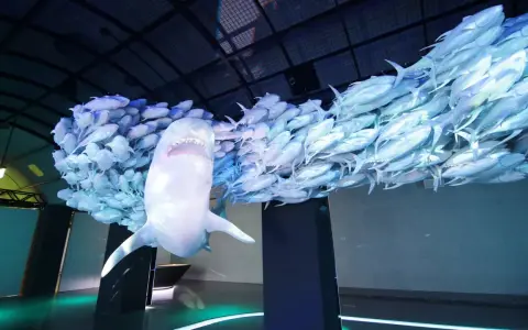 Rekin wśród ławicy ryb, instalacja w Muzeum Wody Wrocław.