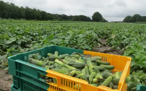 Récolte de cornichons dans un champ. Une caisse verte et jaune déborde de cornichons frais, prêts pour la culture et le grillage.