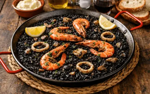 Paella de arroz negro con gambas, calamares y limón en una sartén.
