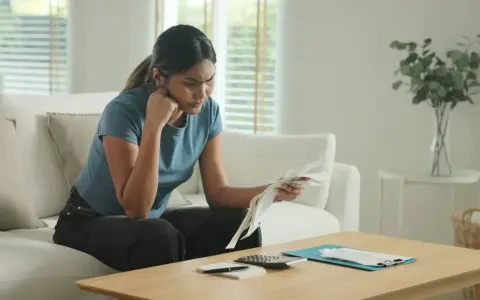 Mujer preocupada revisa facturas, temiendo que me puede cortar la luz mi antigua comercializadora.