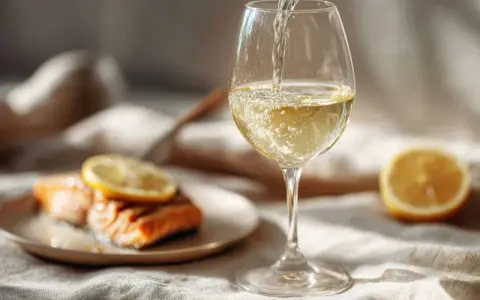 Ett glas vitt vin hälls upp, perfekt vin till lax. En citronskiva vilar på den saftiga fisken.