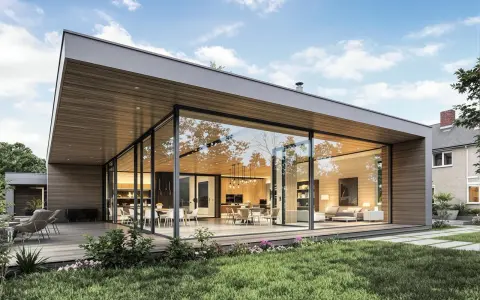 Maison moderne avec une extension sur toit plat existant, offrant de grandes baies vitrées donnant sur un jardin verdoyant.