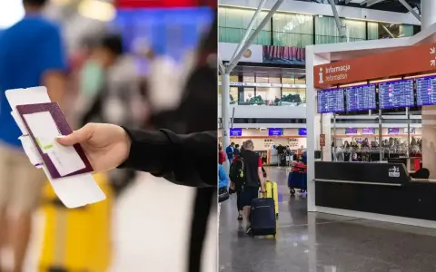 Ręka trzyma paszport i kartę pokładową. W tle tablica odlotów i ludzie z bagażami. Zastanawiasz się, ile wczesniej być na lotnisku?