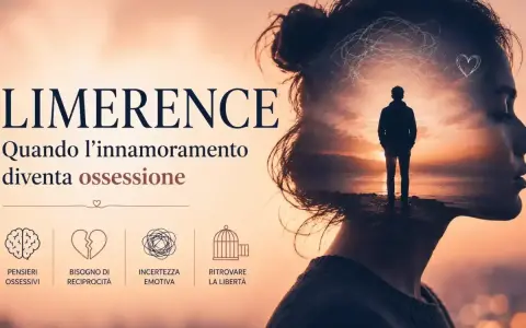 Doppia esposizione di una donna con un uomo solitario in un paesaggio al tramonto all'interno della sua testa, che simboleggia quando l'amore diventa ossessione.