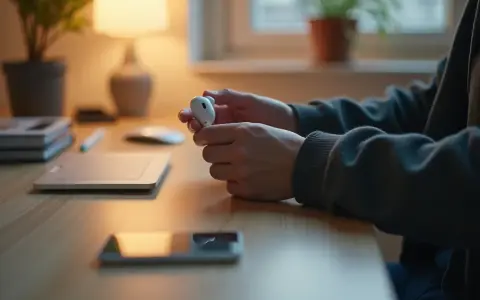 Osoba trzymająca białe słuchawki AirPods, być może zastanawia się, jak zresetować AirPods.