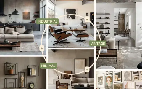 Collage di interni: cucina industriale, soggiorno vintage, galleria minimalista. Idee arredo per ogni stile.