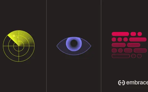 A radar, an eye, and abstract shapes represent telemetry vs monitoring.