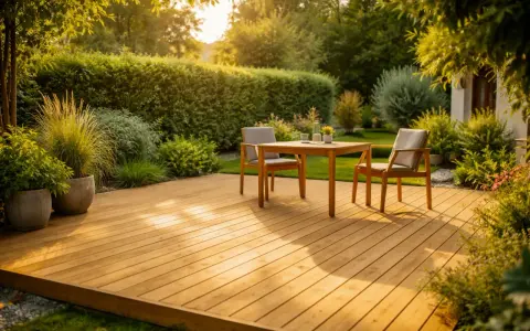 Une belle terrasse en bois, parfaite pour faire une pause au soleil. Deux chaises et une table invitent à la détente dans ce jardin verdoyant.