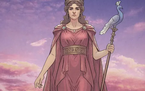 Hera goddess, queen of the gods, stands regally in a pink gown and crown, holding a staff topped with a peacock.