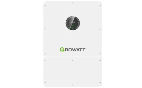 Falownik Growatt 4kW, białe urządzenie z zielonym logo Growatt i wyświetlaczem pokazującym moc 15.0 kW.