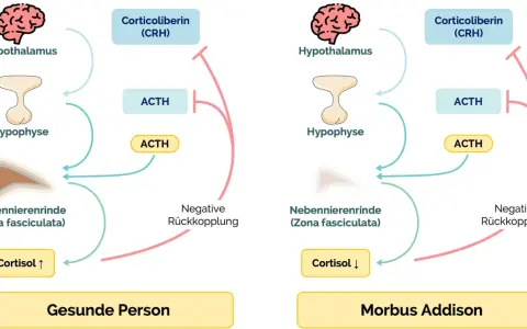 Schema zeigt die Hormonregulation bei gesunden Personen und bei Morbus Addison. Bei Morbus Addison ist die Cortisolproduktion erniedrigt.