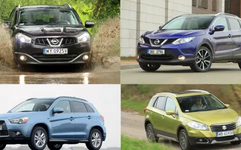 Ciemny i niebieski nowy Nissan Qashqai na tle miejskim, jasnoniebieski SUV i zielony crossover na tle przyrody.