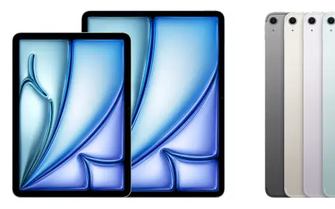 Zwei iPads in verschiedenen Größen mit blau-violettem Hintergrund und vier iPads in verschiedenen Farben nebeneinander.