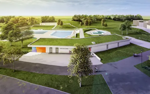 Moderne Architektur trifft auf Badespaß: Das freibad oerlinghausen mit begrünten Dächern und einladenden Pools.