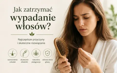 Zmartwiona kobieta trzyma szczotkę z wypadającymi włosami. Grafika podpowiada, jak zatrzymać wypadanie włosów, wskazując na wzmocnienie cebulek i naturalną pielęgnację.