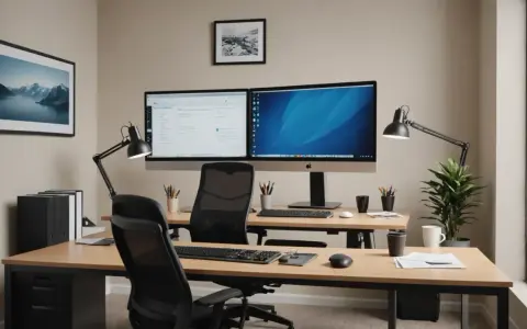 Bureau double avec écrans, lampes et plantes. L'espace entre bureau et mur est optimisé pour le travail.