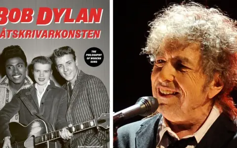 Bob Dylan, låtskrivarkonsten i Sverige. En bild av en ung trio med gitarr och en närbild på en äldre Bob Dylan.