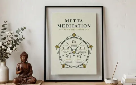 Gerahmter Text mit "Metta Meditation" und Anleitungen. Daneben eine Buddha-Statue und Blumen.